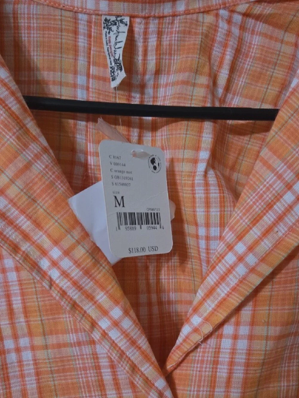 Free People Coral Peach Plaid Button-Down Shirt